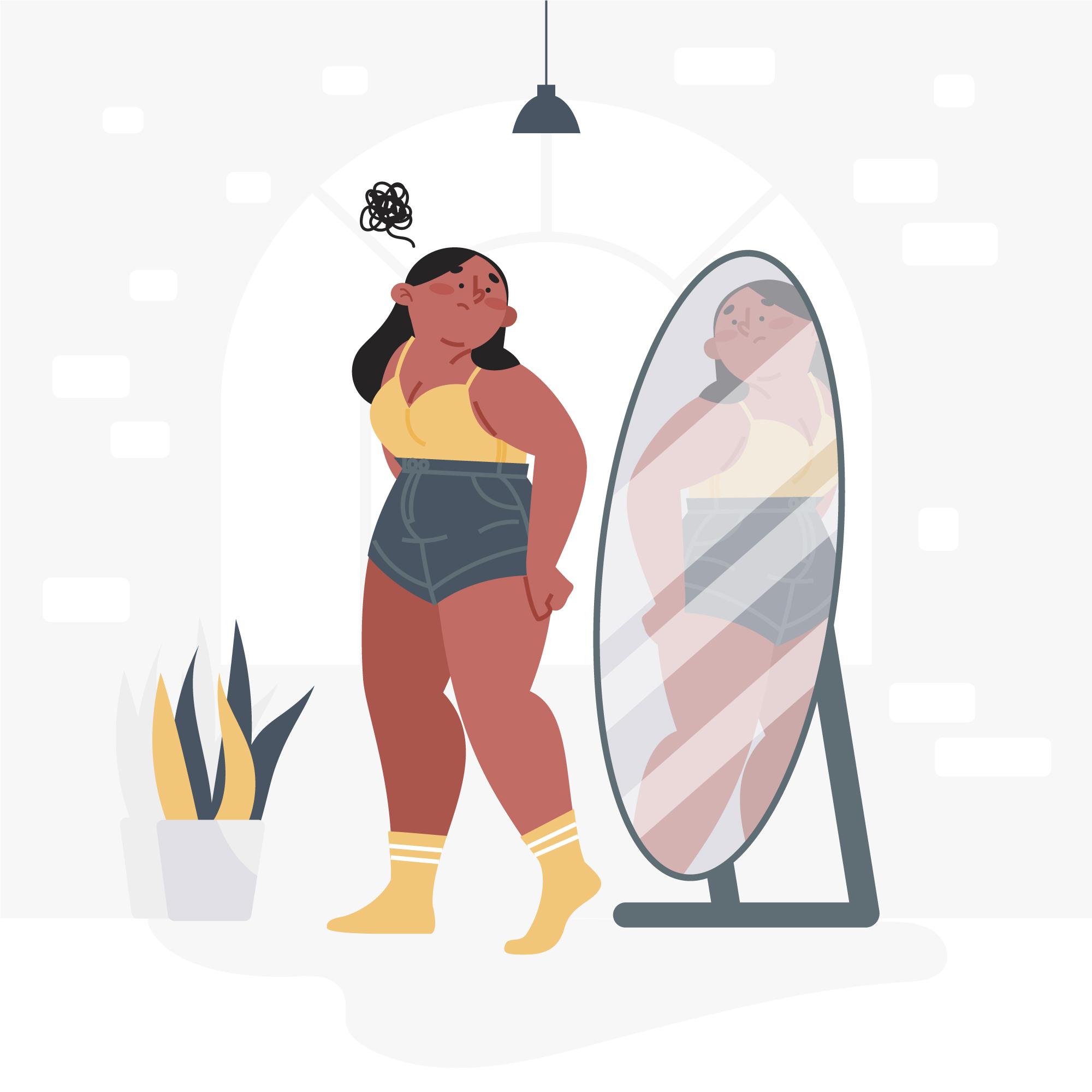 Dessin d'une jeune ado qui se regarde dans son miroir