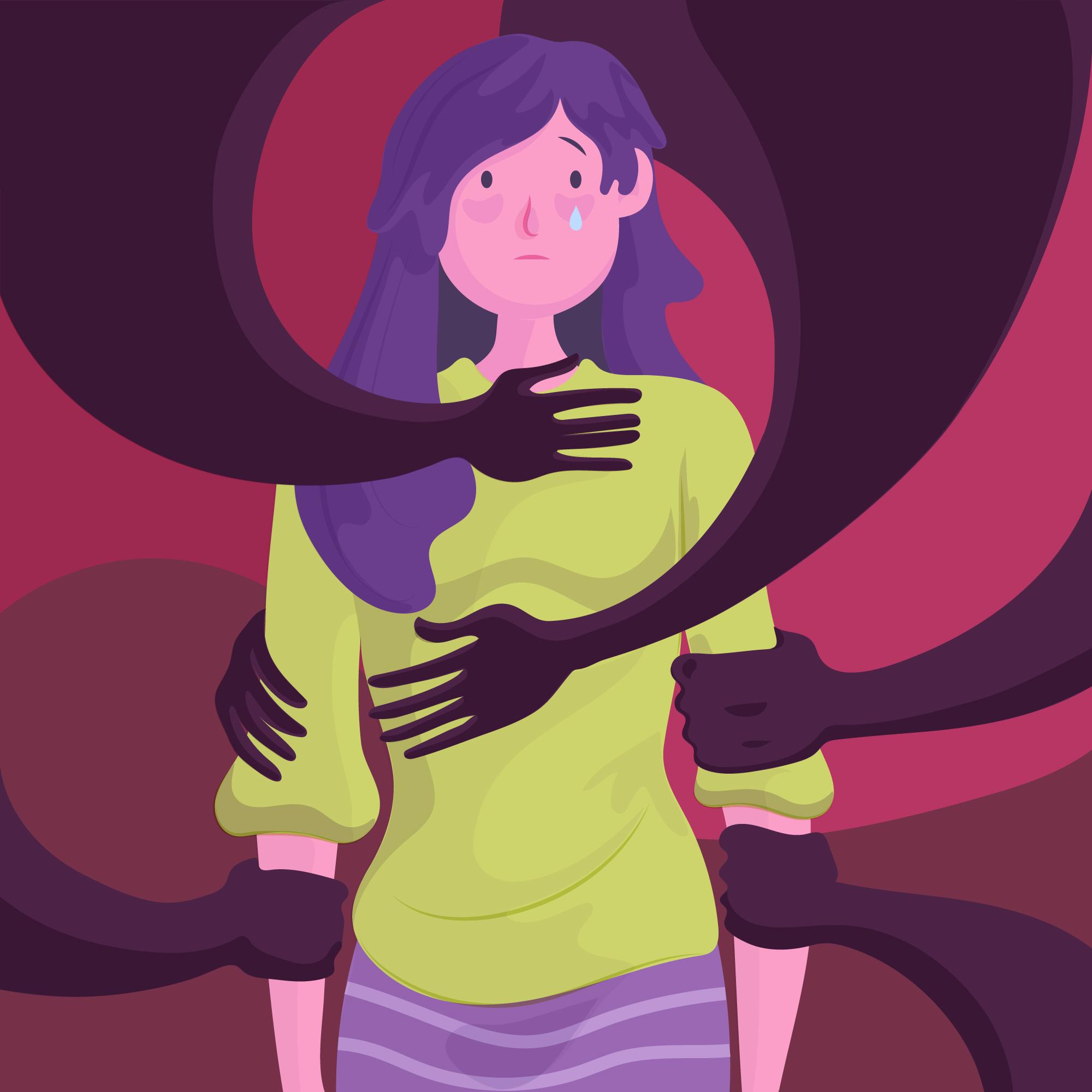 Illustration représentant une femme qui pleure et des bras autour d'elle.