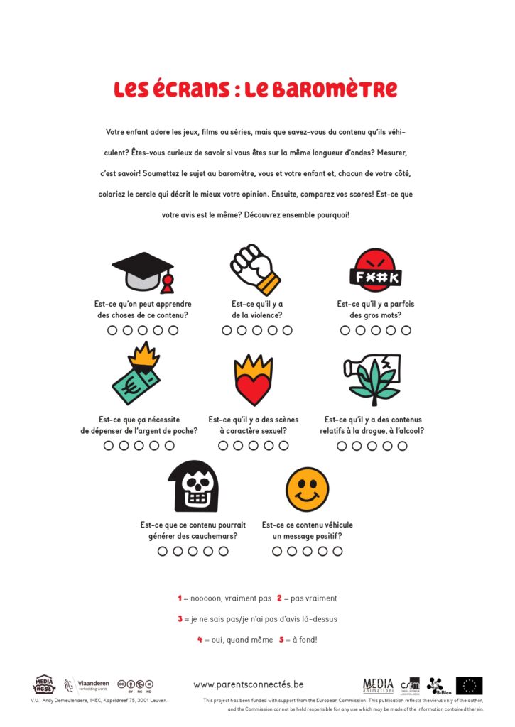 Fiche baromètre Image du baromètre: fiche de jeu permettant de définir le degré de sécurité que représentent les écrans sur lesquels les jeunes passent du temps.