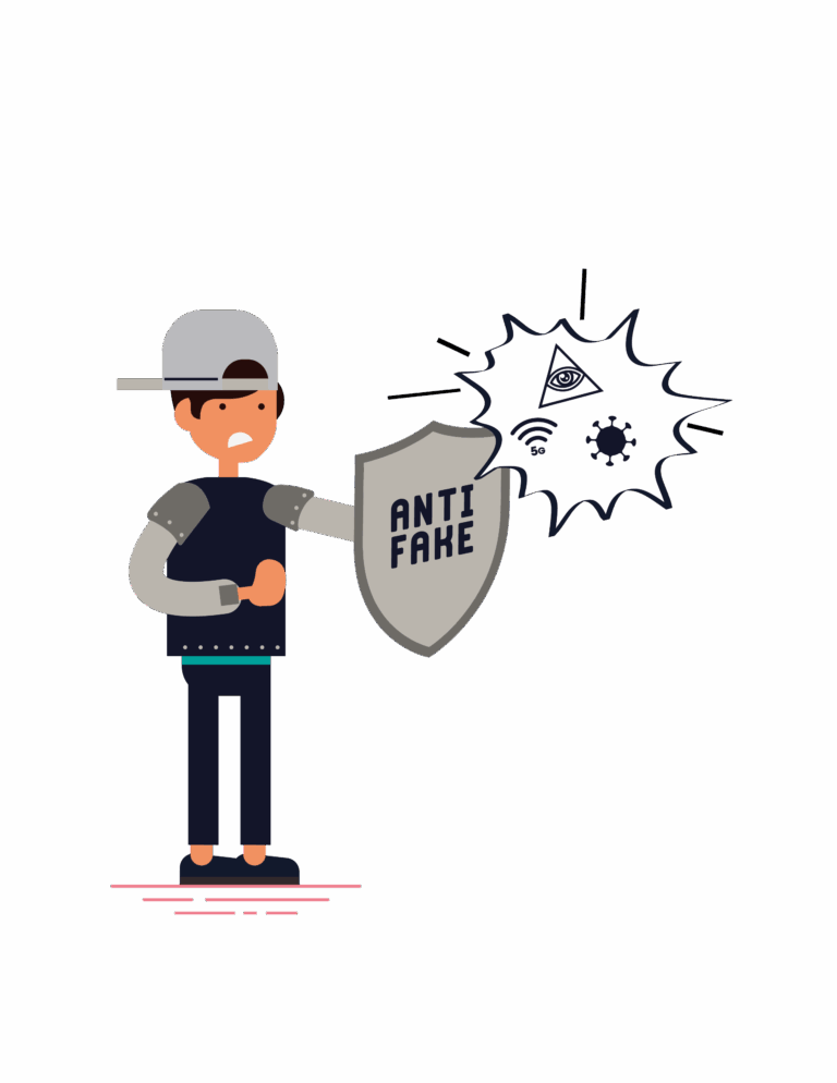 Illustration d'un bonhomme qui combat les fake news avec un bouclier