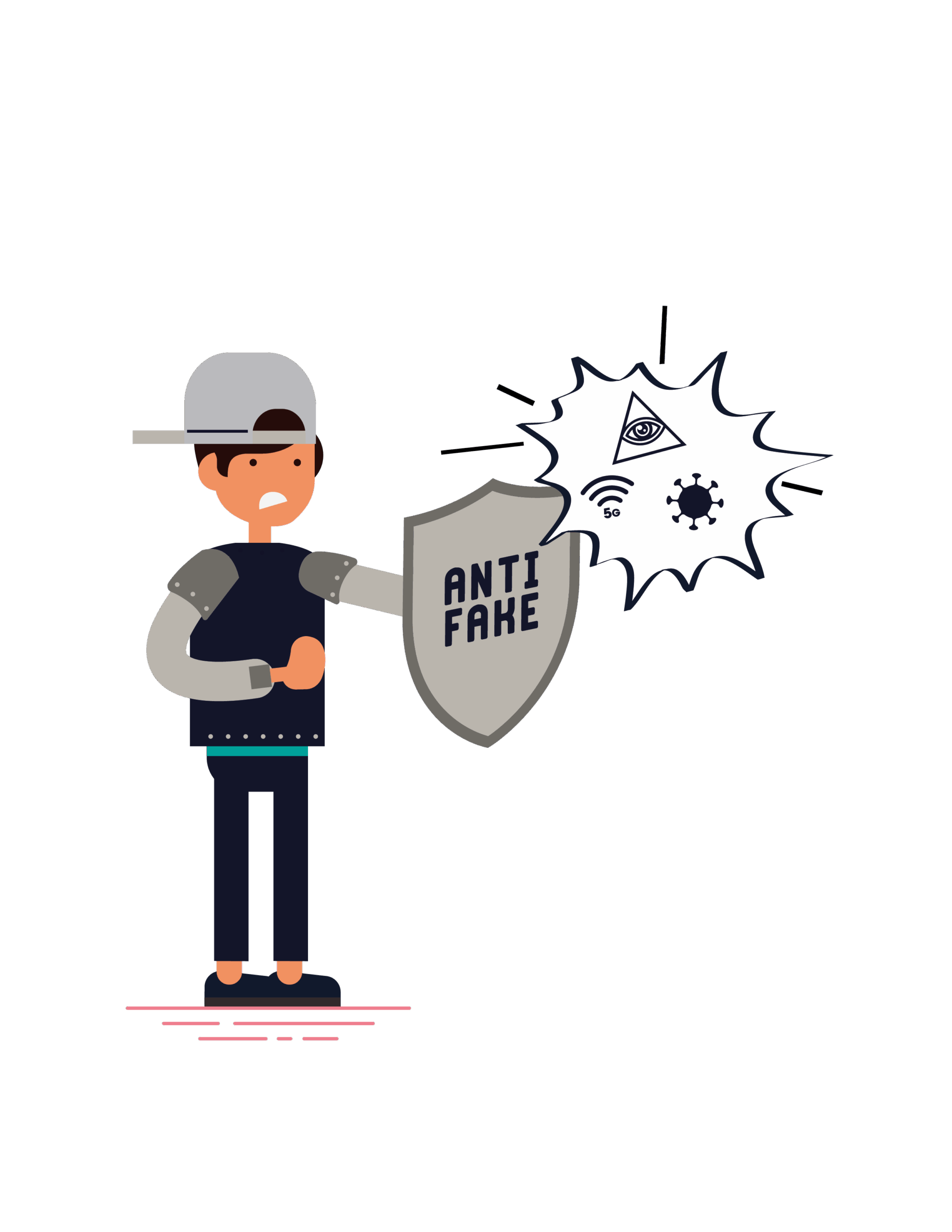 Illustration d'un bonhomme qui combat les fake news avec un bouclier
