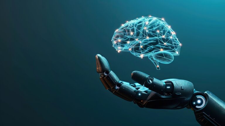 Image d'un robot qui porte un cerveau dans sa main