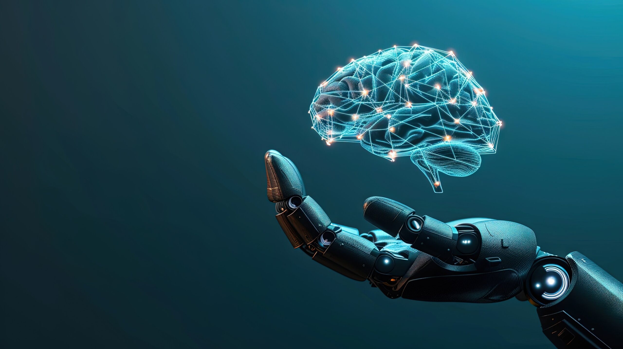 Image d'un robot qui porte un cerveau dans sa main