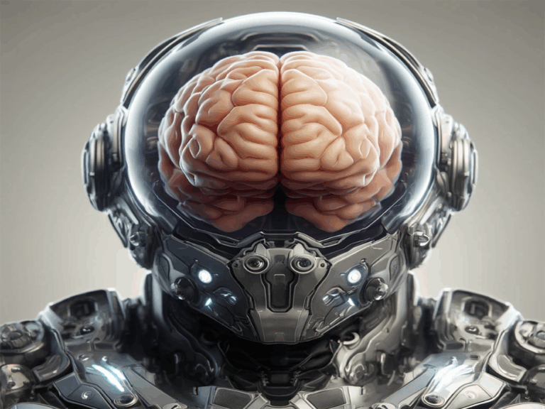 Illustration générée par IA qui représente un robot avec un cerveau à la place de sa tête.