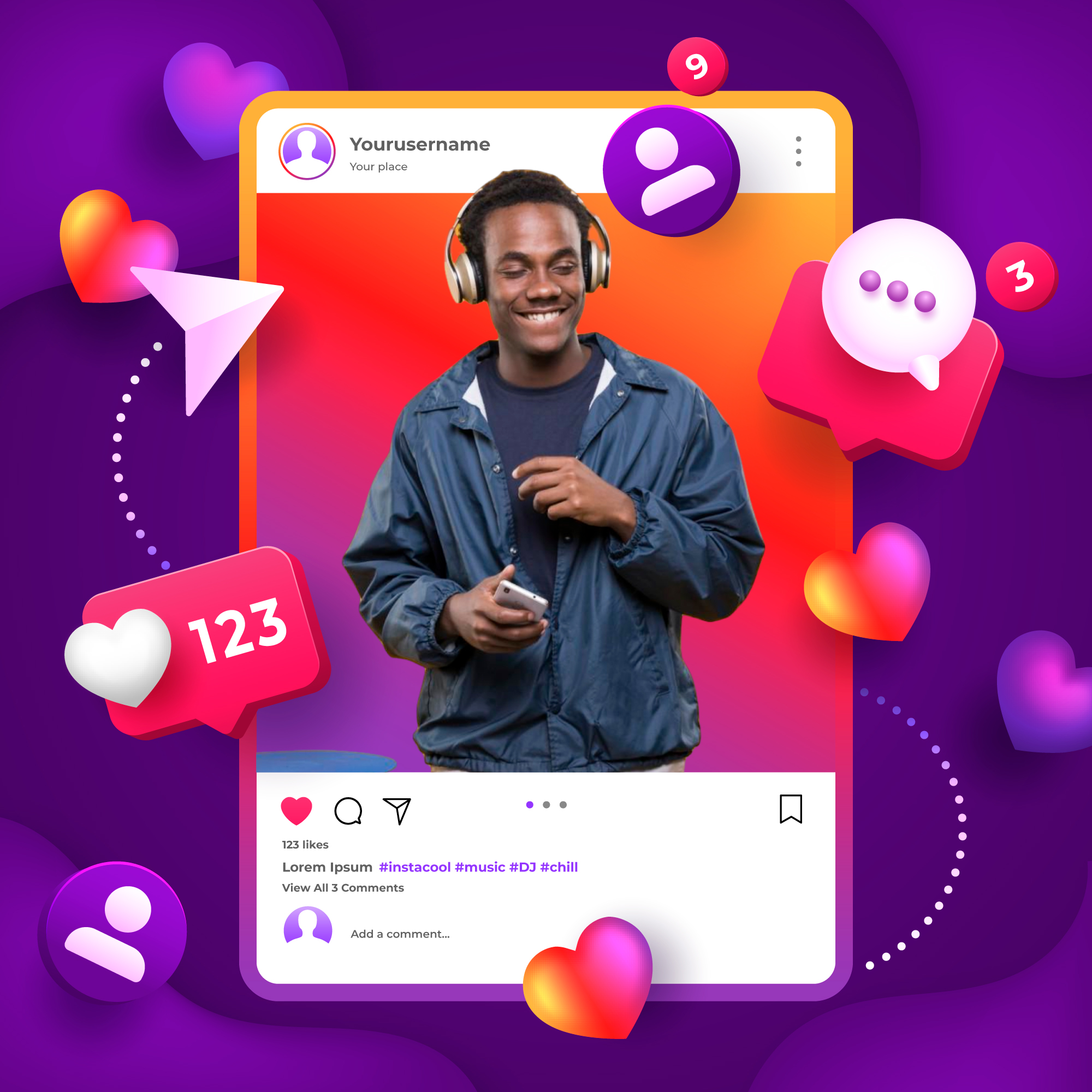 Image avec un homme au centre en mode publication Instagram.