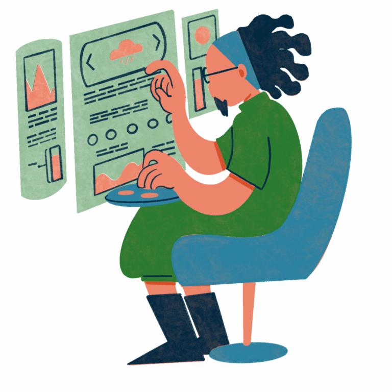 Illustration d'un personne faisant des recherches sur un écran virtuel