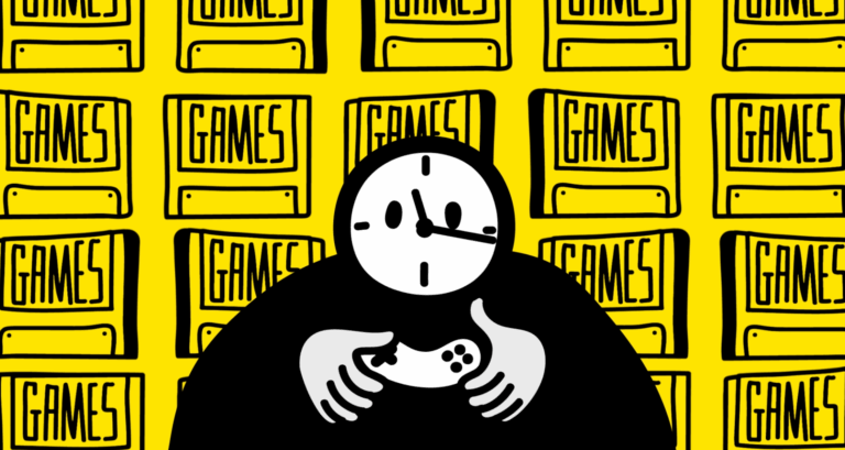 Illustrations d'un personnage qui joue sur une console