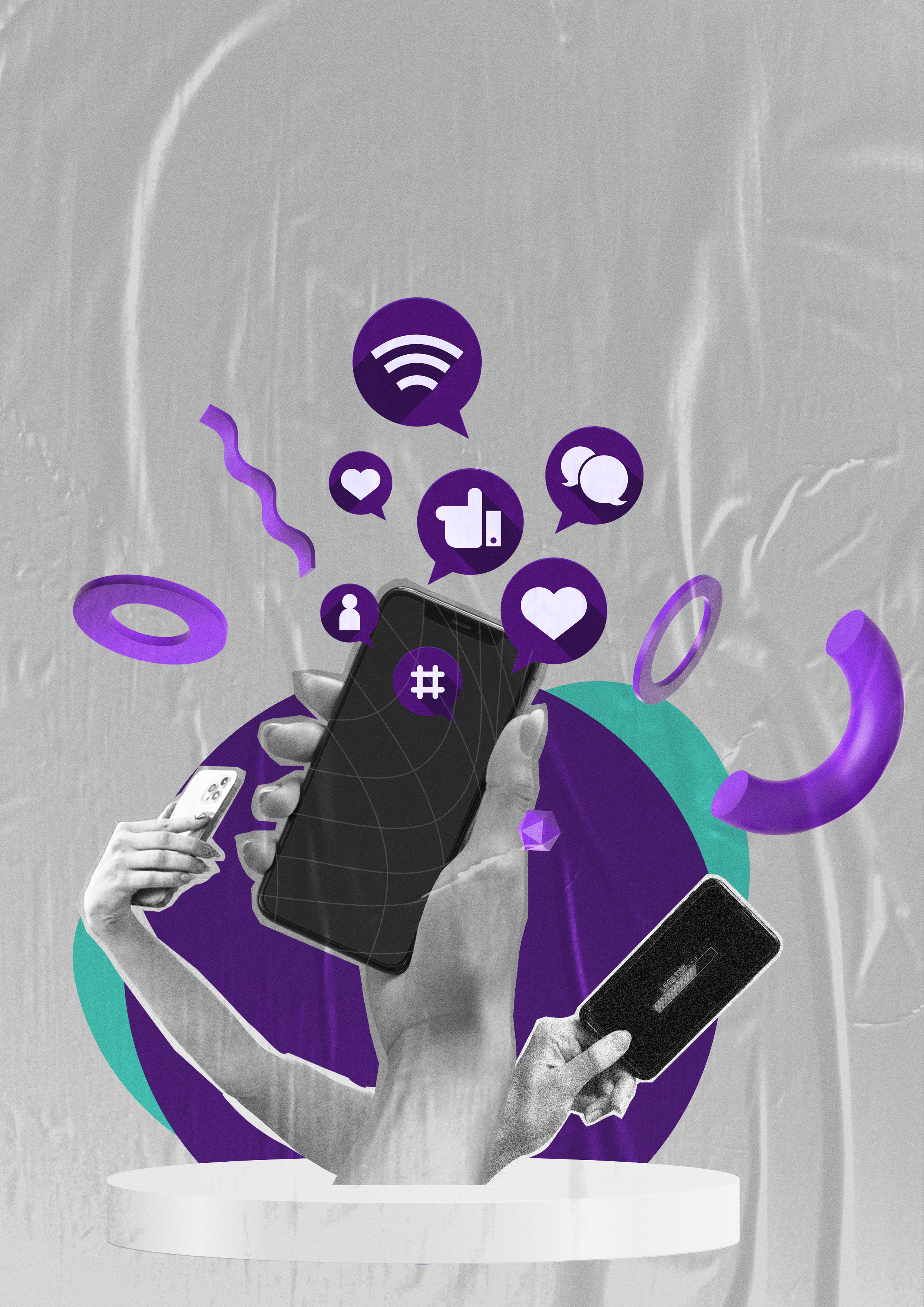 Image d'un téléphone tenu dans une main d'où émergent des émojis.