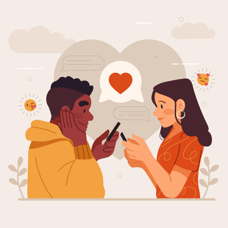 Illustration de deux jeunes qui s'échangent des messages d'amour par téléphone