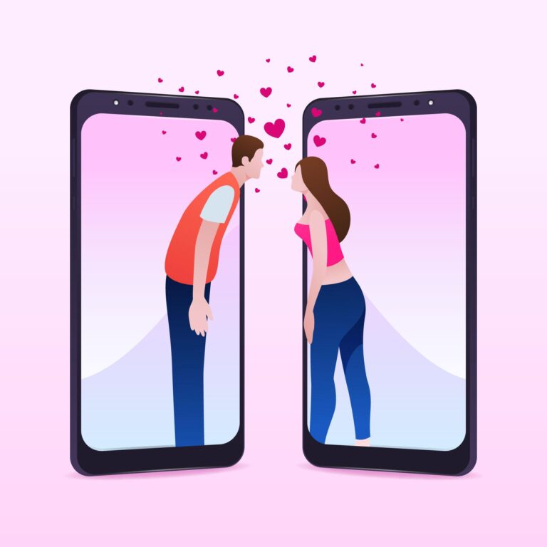 Illustration d'un couple qui s'embrasse à travers des téléphones