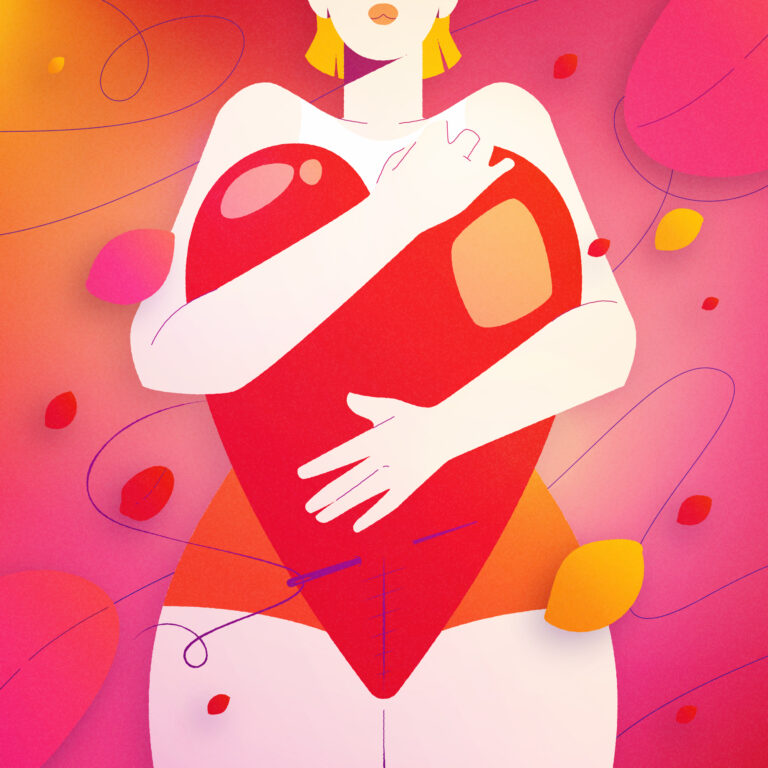 Coeur rouge brulant, enlacé de bras