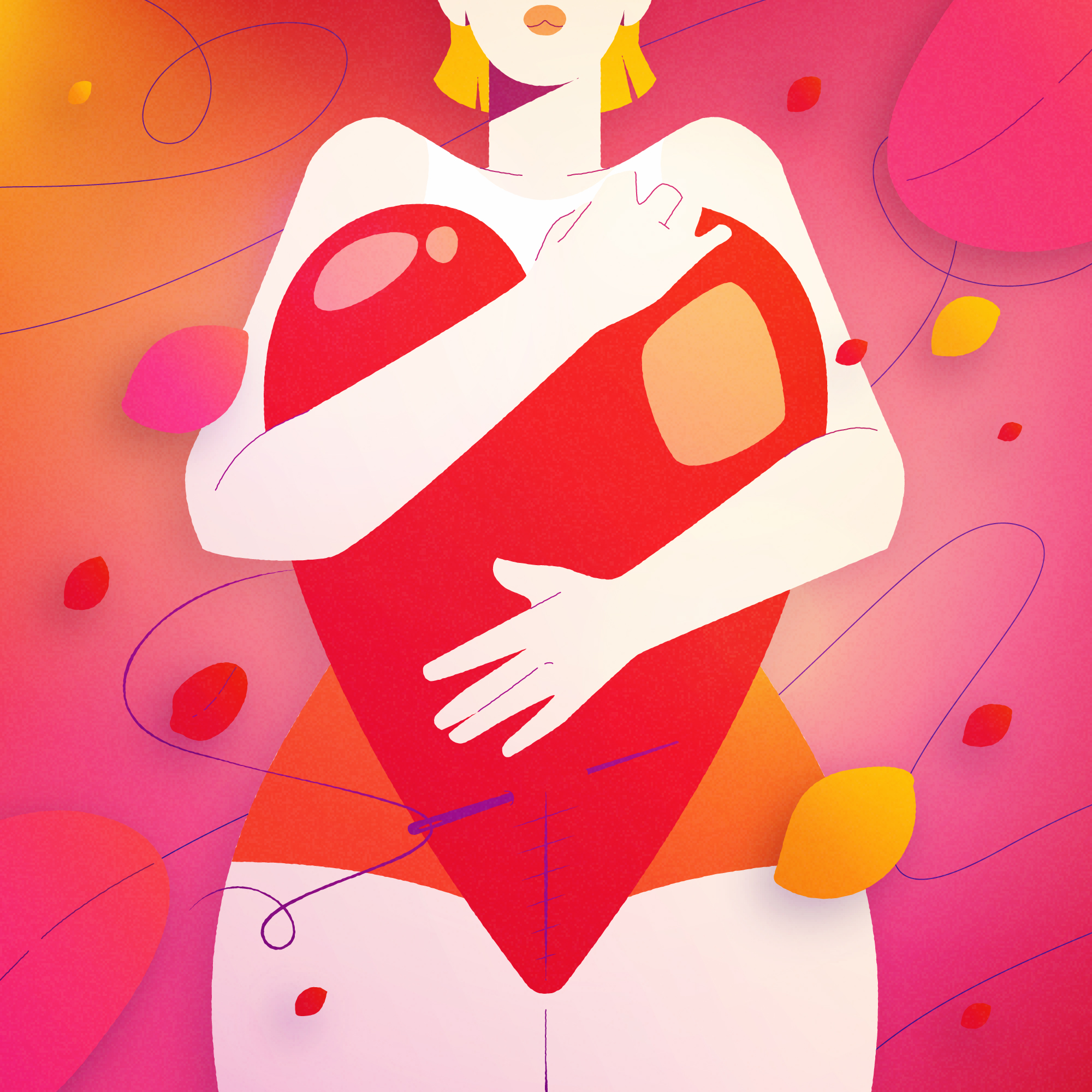 Coeur rouge brulant, enlacé de bras