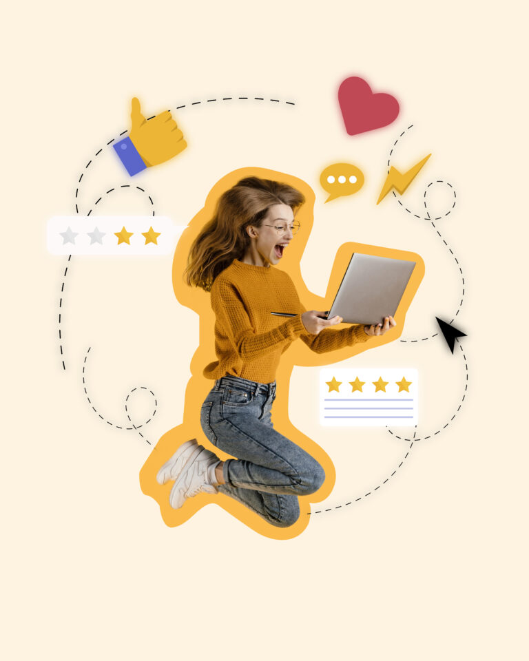 Image d'une jeune femme sur son ordinateur. Elle sourit et a l'air ravie. Il y a des étoiles autour d'elle.