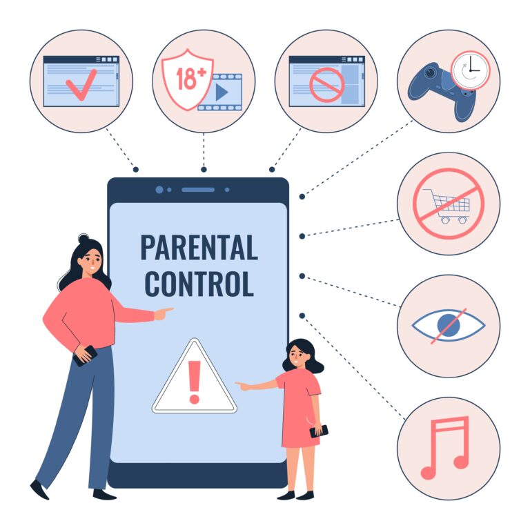 Illustration d'un enfant et d'un parent devant un téléphone avec un contrôle parental